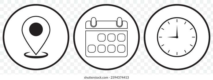 Address location icon. Stopwatch timer icon. Date Calendar icon - Web icons set. EPS 10.