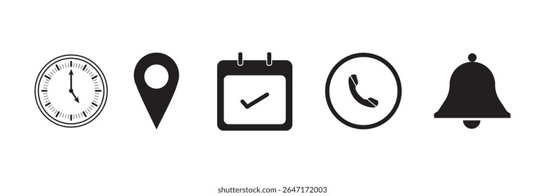 Address location icon. Stopwatch timer icon. Date, phone, time, Calendar and Notification bell icon sign. Vector