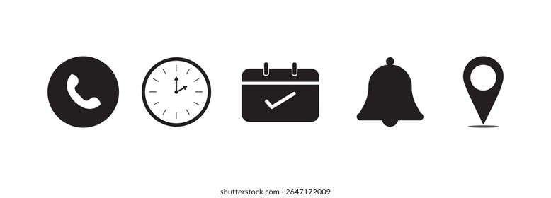 Address location icon. Stopwatch timer icon. Date, phone, time, Calendar and Notification bell icon sign. Vector