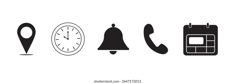 Address location icon. Stopwatch timer icon. Date, phone, time, Calendar and Notification bell icon sign. Vector