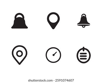 Address location. Notification bell icon. Stopwatch timer. Date Calendar. Website global Web icons set.