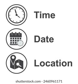 Dirección y ubicación, hora, fecha, Vector de iconos. Elementos de eventos.