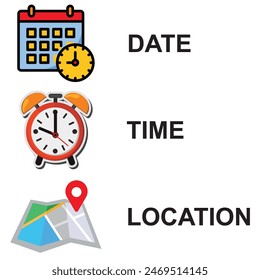 Address and location, time, date, icon vector. Event elements.