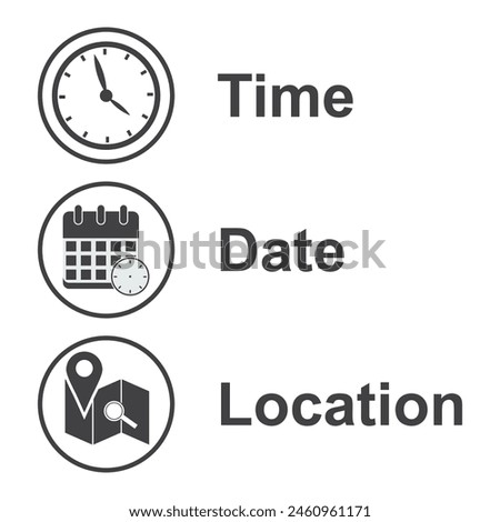 Address and location, time, date, icon vector. Event elements.