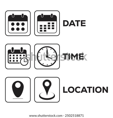 Address and location, time, date, icon vector. Event elements.