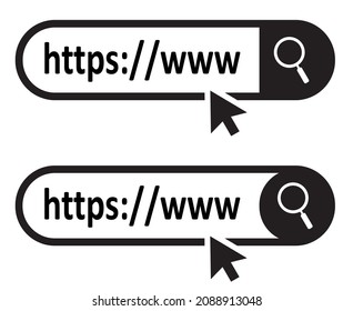 Address and navigation bar icon. Search bar in two styles. Search engine window with arrow. Search www http signs.