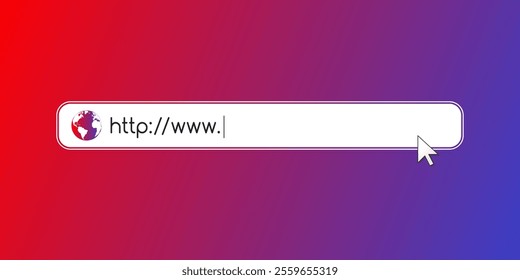 Address and navigation bar as online search and beginning of a website domain and url concept. Web browser tab with globe symbol, cursor, http and www text.