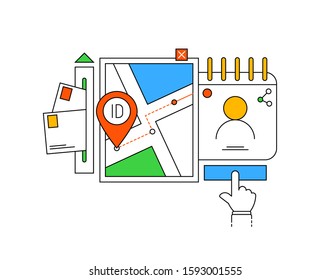 Address navigation concept in modern outline style for landing page design or application. We have moved. GPS location. Address book. Vector concept on a white background