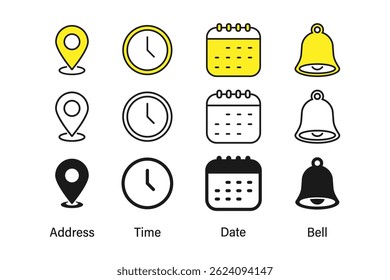 Address, Place, Time, Date and Notification line icons. Calendar, address location pointer and alarm bell. Notice alert, business schedule and office time clock. Location place, date reminder. Vector