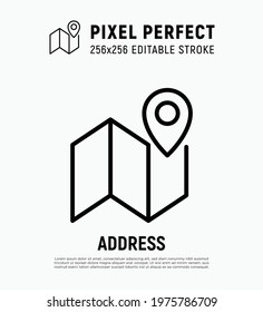 Address: pointer on map thin line icon. Direction, navigation. Pixel perfect, editable stroke. Vector illustration.