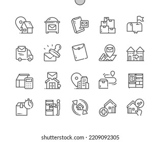 Address. Post office box. Postal service. Add address, letter, envelopes. Pixel Perfect Vector Thin Line Icons. Simple Minimal Pictogram