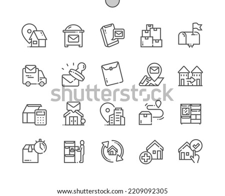 Address. Post office box. Postal service. Add address, letter, envelopes. Pixel Perfect Vector Thin Line Icons. Simple Minimal Pictogram