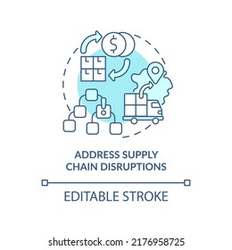 Address Supply Chain Disruptions Turquoise Concept Icon. Inflation In Business Abstract Idea Thin Line Illustration. Isolated Outline Drawing. Editable Stroke. Arial, Myriad Pro-Bold Fonts Used