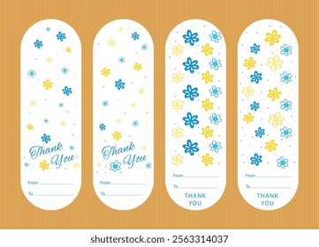 Address thank you sticker on gift box, vector flowers, flat cute design, yellow and blue color white background