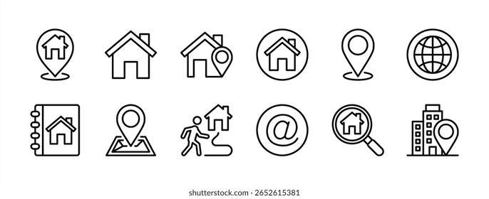 Address thin line icon set. Contains house map pointer pin location, web or website, home page, office, place, destination, E-mail, book, Searching, GPS marker. Vector illustration