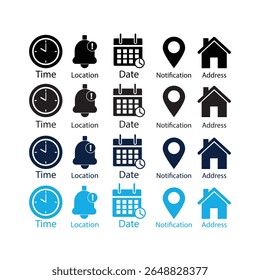 Address time date Bell Notification icons set. Address location icon. Stopwatch timer icon. Date Calendar icon. Black line and flat web icons.