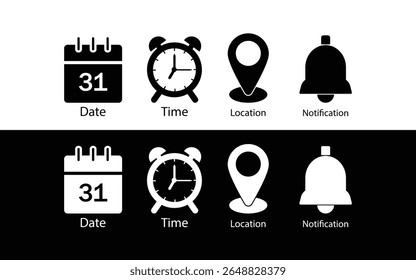 Address time date Bell Notification icons set. Address location icon. Stopwatch timer icon. Date Calendar icon. Black line and flat web icons.