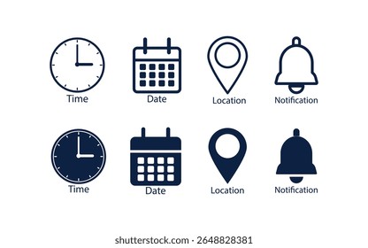 Address time date Bell Notification icons set. Address location icon. Stopwatch timer icon. Date Calendar icon. Black line and flat web icons.