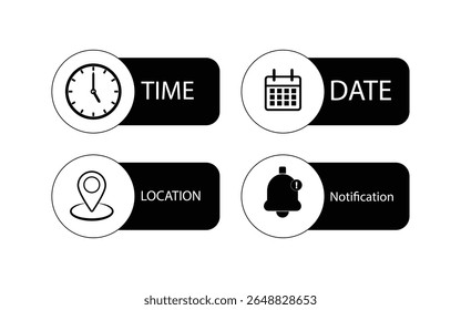 Address time date Bell Notification icons set. Address location icon. Stopwatch timer icon. Date Calendar icon. Black line and flat web icons.