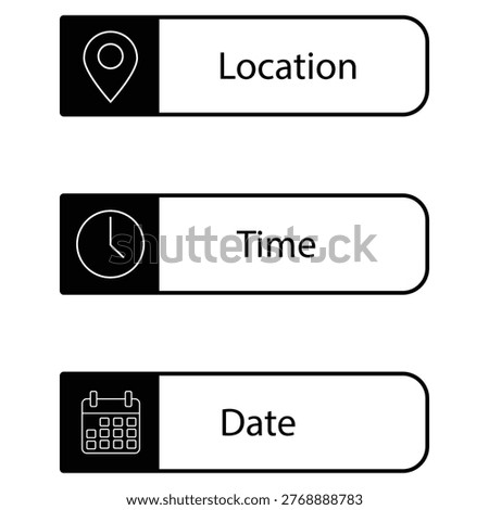 Address Time, date and  icon. Calendar, Location pin, Clock icons. Address, time, date symbols vector.	