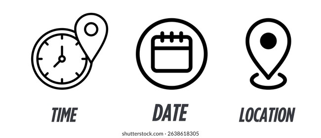 Address, time, and date icon set — includes location pin, stopwatch timer, and calendar icons in black line and flat styles. Perfect for web and app design.