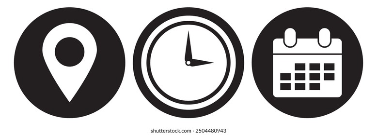 Address, time and date icon vector in flat style. Clock, pin map location, and calendar sign symbol