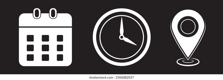 Address. time, and date icon vector. Event elements isolated on transparent background. Black  white vector illustration