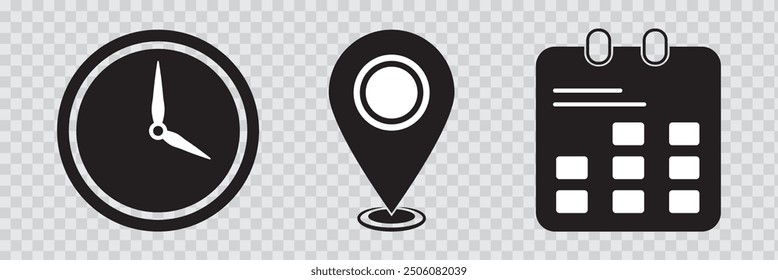 Dirección. hora y fecha icono Vector. Elementos del acontecimiento aislados en fondo transparente. Ilustración vectorial blanca negra