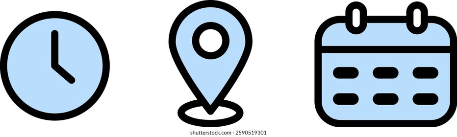 Address, time, and date icon vector with color fill. Event elements isolated on transparent background. Clock, pin map location, and calendar symbol