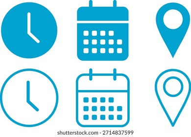 Endereço data hora ícones relógio, ilustração, cronômetro cronômetro site, coleção de design gráfico de traço editável,