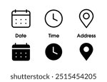 Address time date icons set. Address location icon. Stopwatch timer icon. Date Calendar icon. Black line and flat web icons.