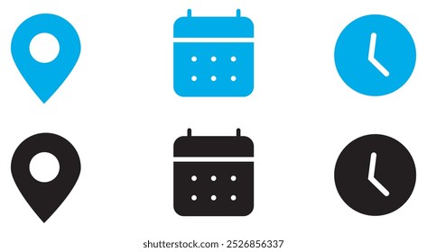 Address time date icons set. Address location icon. Stopwatch timer icon. Date Calendar icon.