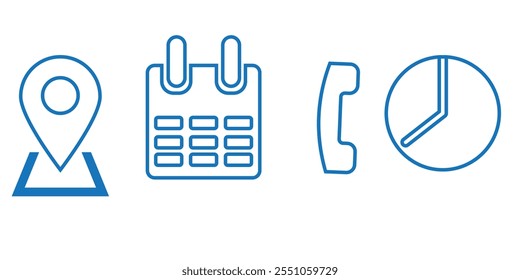 Address time date icons set. Address location icon. Stopwatch timer icon. Date Calendar icon. Black line and flat web icons.
