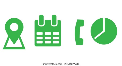 Iconos de fecha de hora de Dirección establecidos. Icono de ubicación de Dirección. Icono de cronómetro. Icono Calendario de fecha. Iconos de línea negra y web plana.