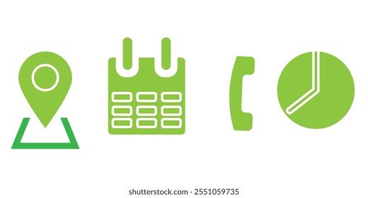 Address time date icons set. Address location icon. Stopwatch timer icon. Date Calendar icon. Black line and flat web icons.
