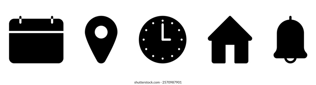 Address time date icons set. Address location icon. Stopwatch timer icon. Date Calendar icon.