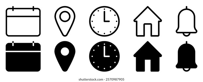 Address time date icons set. Address location icon. Stopwatch timer icon. Date Calendar icon.