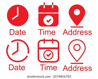 Address time date icons set. Address location icon. Stopwatch timer icon. Date Calendar icon. Black line and flat web icons.