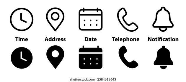 Address time date icons set. Phone and notification bell icons. Location and contact icons. Stopwatch timer icon. Date Calendar icon. Simple flat vector illustrations collection for web