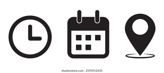 Address time date icons set. Address location icon. Stopwatch timer icon. Date Calendar icon. Black line and flat web icons.
