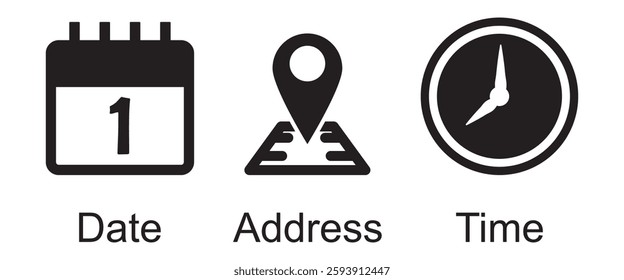 Address time date icons set. Address location icon. Stopwatch timer icon. Date Calendar icon. Black line and flat web icons.
