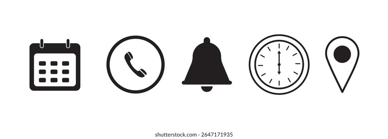 Address time date icons set. Phone and notification bell icons. Location and contact icons. Stopwatch timer icon. Date Calendar icon. Simple flat vector illustrations collection for web