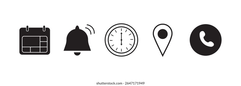 Address time date icons set. Phone and notification bell icons. Location and contact icons. Stopwatch timer icon. Date Calendar icon. Simple flat vector illustrations collection for web