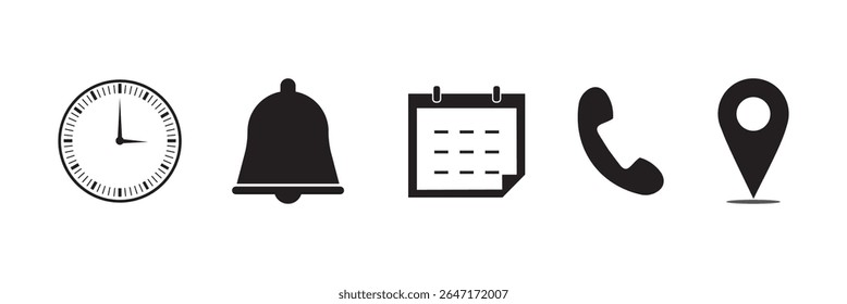 Address time date icons set. Phone and notification bell icons. Location and contact icons. Stopwatch timer icon. Date Calendar icon. Simple flat vector illustrations collection for web