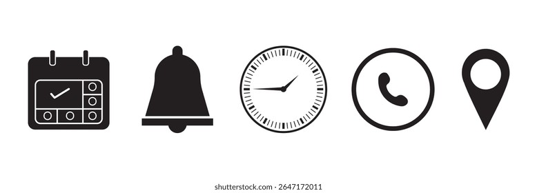 Address time date icons set. Phone and notification bell icons. Location and contact icons. Stopwatch timer icon. Date Calendar icon. Simple flat vector illustrations collection for web