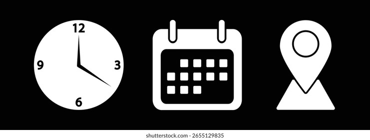 Ícones de data e hora do endereço definidos. Ícone de local de endereço. Ícone de temporizador de cronômetro. Ícone Calendário de Data. Ícones para data, lembrete, endereço, convite, evento, negócios. eps 10