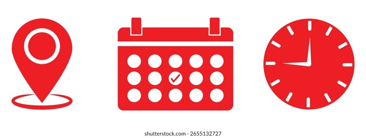 Ícones de data e hora do endereço definidos. Informações para o evento do convite, com relógio de parede analógico, fichário de calendário e pino de localização, símbolo de data hora local ou endereço. eps 10