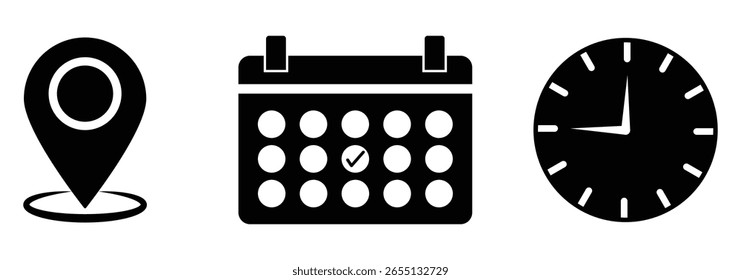 Address time date icons set. Information for invitation event, with analog wall clock, calendar binder and location pin, symbol of date time place or address. eps 10