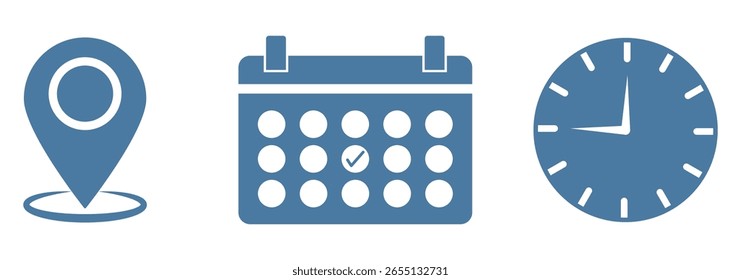 Iconos de fecha de hora de Dirección establecidos. Información para el evento de invitación, con reloj de pared analógico, carpeta de calendario y pin de ubicación, símbolo de fecha, hora, lugar o Dirección. eps 10