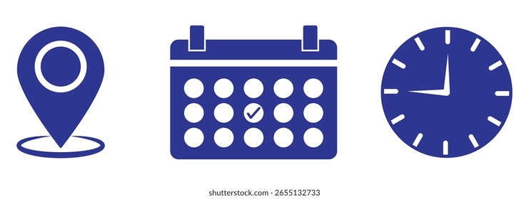 Address time date icons set. Information for invitation event, with analog wall clock, calendar binder and location pin, symbol of date time place or address. eps 10